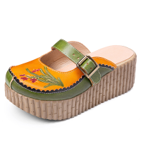 Socofy handgemaakte leren platform sandalen met etnische print