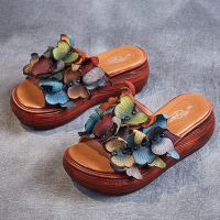 Socofy handgemaakte leren vakantie bloemen platform casual strand sandalen