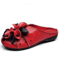 Socofy Leather Flower Hollow Out Breathable Retro Backless Flat Shoes