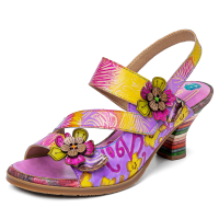 Socofy Leren strandvakantie sandalen met etnische bloemen en klittenband