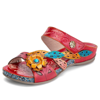 Socofy Retro Casual Bloemen&Calico Comfortabele Sandalen met Platte Streep