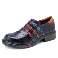 Socofy Retro Etnische Loafers Schoenen Bedrukt Reliëf Opgestikte Stiksels Lederen Zijrits Flats