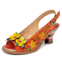 Socofy retro gele bloem handbeschilderde comfortabele sandalen met gesp en hak