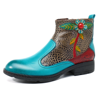 Socofy Retro Splicing Pattern Flat Ankle Leather Boots
