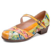 Socofy Vintage olieverfschilderij frisse kleur print lederen lage hakken gesp Mary Jane schoenen