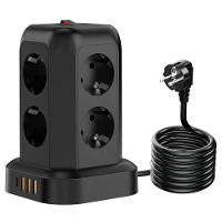 T13 10A 2200W 12 in 1 Verticale Toren Stekkerdoos met 8 AC Stopcontacten + 3 USB A + 1 USB C en 1,8M Verlengsnoer Stroom