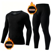 TENGOO 2 Stuks Heren Fleece Thermische Basislaag Set, Warm Compressie Top & Broek Lange Onderkleding, Ademend Zwart Cold