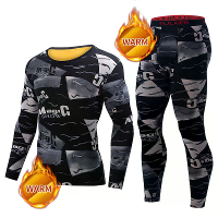 TENGOO Heren Thermo Set,Long Johns Set,2 Stuks Letterprint Compressie Thermische Basislaag Set,Vochtregulerend & Ademend