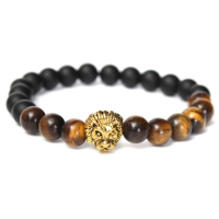 Tiger Eye Stone Matte Plastic Beads Lion Head Bracelet For Men