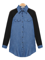 Turn Down Collar Chiffon Black Long Sleeve And Blue Denim Shirt