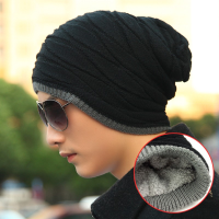 Unisex Men Women Knitted Slouch Beanie Hat Coral Fleece Linen Double Layer Elastic Cap