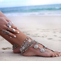 Vintage Antique Silver Charm Coin Anklet Beach Bracelet Foot Jewelry