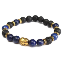 Vintage Lava Rock Beads Buddhist Buddha Head Charm Strand Bracelet