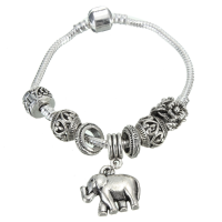 Vintage Silver Beads Elephant Pendant Bangle Bracelet For Women