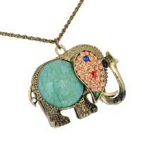 Vintage Turquoise Rhinestone Elephant Pendant Necklace Long Chain