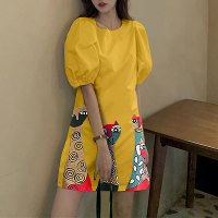 VONDA Dames Bubble Korte Mouw Midi Jurk Dierenprint Schattige Ronde Hals Strandjurk Plus Size