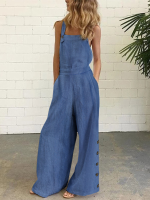 Dames denim effen kleur knoop losse overall casual wijde pijpen pocket jumpsuits