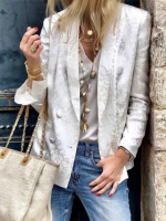 Dames Effen Kleur Knop Luipaard Gedrukte Europese Zakdecoratie Lange Mouw Blazer