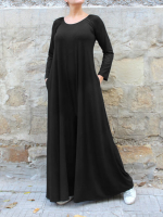 Dames effen kleur ronde hals, lange mouwen, wijde pijpen jumpsuit met zijzak