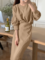 Dames Lange mouw Lace up Kuitlange plooien Solide casual midi jurken