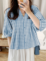 Dames Plaid Front Knopen Puff Mouw Plooien V hals Casual Blouses