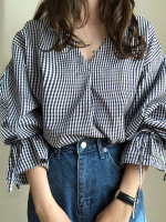 Dames Plaid Lange Mouwen Lattice Lace up V hals Vlinderknoop Vrijetijdsoverhemden