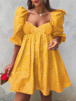 Dames pofmouw dij plooien pofmouw lengte bloemen midi jurken