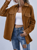 Dames Solid Puff Sleeve Corduroy Borstzak Button Revers Lange Mouw Casual Shirts