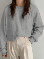 Dames sweatshirt met lange mouwen, effen ronde hals en smalle zoom