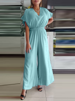 Dames V hals korte mouw effen zomer vrijetijds jumpsuit met zak