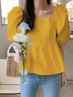 Effen geplooide blouse met vierkante kraag en pofmouwen voor dames