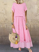 Gestippelde, gelaagde, patchwork maxi jurk met korte mouwen