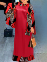 Maxi jurk met ronde hals in contrasterende kleur met luipaardprint
