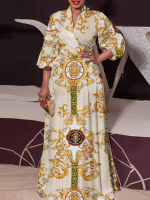 Tribal patroon lantaarn mouw V hals maxi jurk