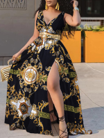 Tribal patroon split trekkoord mouwloze v hals maxi jurk