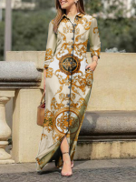 Tribal patroon zakknoop lange mouw revers overhemd maxi jurk