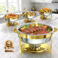 WARMOUNTS 6,5 QT Gouden Chafing Dish Buffetset 2/4/6 Stuks Ronde RVS Voedselverwarmers met Glazen Deksel & Dekselhouder