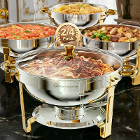 WARMOUNTS Gouden Chafing Dish Buffet Set 2/4/6 Pack, 5QT Ronde RVS Chafers en Buffetwarmers Sets met Glazen Deksel en De