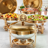 WARMOUNTS Roségoud chafing dish buffetset met deksel 5L 2/4 pak ronde voedselwarmer voor catering buffet met dekselhoude