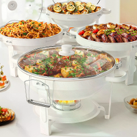 WARMOUNTS Witte Warmhoudschalen voor Buffet met Glazen Deksel (5QT, 2/4Pack), Maifanite Coated Ronde Warmhoudschalen Set