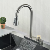 Waterval Grijze Gootsteen Mengkraan Flexibele Uittrekbare 3 Weg Sprayer Gourmet Keukenkranen Vliegenscheep Gootsteen Rot