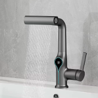 Waterval Temperatuur Digitale Weergave Wastafelmengkraan Op  en Neergaande Stroom Sprayer Warm Koud Water Sink Mixer Was