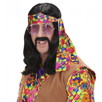Carnaval/verkleed pruik   Hippie   zwart   lang haar   jaren 60 feest/party