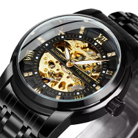 Klassieke Mechanische Horloges Luxe Diamant Wijzerplaat Zwart Gouden Skelet Automatische Herenhorloge Rvs Armband Horlog