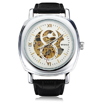 Winner Men Skeleton Square Big Dial Leather Mechanical Watch
