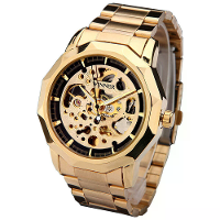 Mode Volledig Automatische Mechanische Skeleton Heren Horloge Retro Exquise Wijzerplaat Gouden Stalen Band Horloge