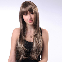 Wm61 Grey Long Wavy Synthetic Chemical Fiber Neat Bang Wigs