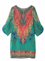 Women Boho Drawstring Floral Half Sleeve Loose Mini Dress