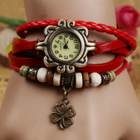 Women Four Leaf Clover Weave Pendant Bracelet Wrist Watch