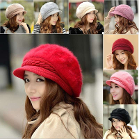 Women Girl Rabbit Fur Knitted Screw Beanie Hat Beret Snapback Winter Soft Cap